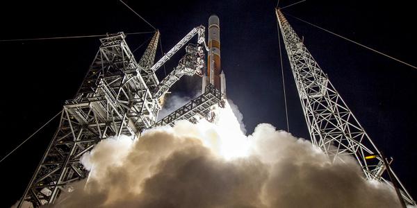 The Air Force launches the ninth Boeing-built Wideband Global SATCOM satellite at Cape Canaveral Air Force Station, Florida, in March 2017. Such satellites play an integral part of the United State’s strategic and tactical coordination of military operations in an increasingly contested space domain. Photo by Tech. Sgt. Anthony Nelson; Courtesy of United Launch Alliance.