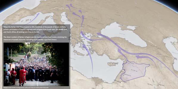 A screengrab of an interactive Esri story map uses imagery and maps to plot the migration of Syrians to Europe. Courtesy Esri via Twitter