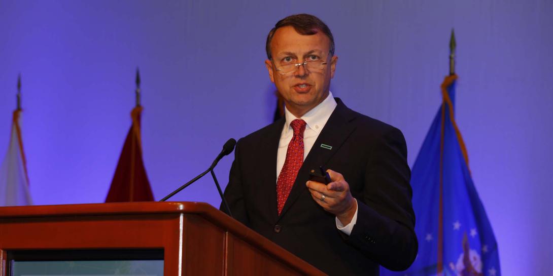 Maj. Gen. Earl Matthews, USAF, (Ret.), former director of cyberspace operations and chief information security officer for the Air Force, delivers the luncheon keynote during MILCOM 2016. Photo by Mike Carpenter