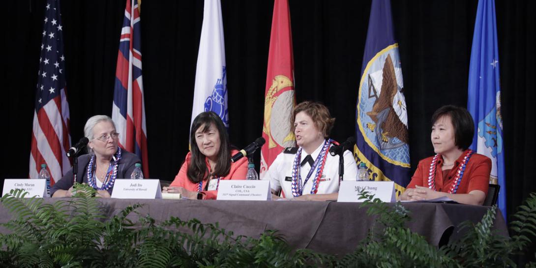 A group of dynamic and successful women leaders gathered to help advance educational topics during AFCEA TechNet Asia-Pacific. From l to r: Cindy Moran, Jodi Ito, Col. Claire Cuccio, USA, and Miyi Chung.