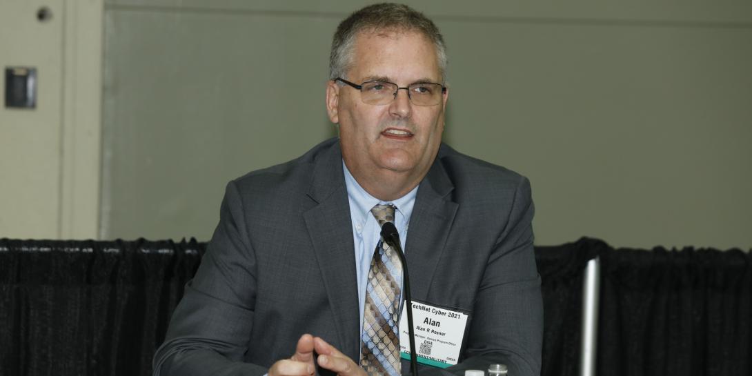 Alan Rosner, program manager, Joint Spectrum Center, Defense Spectrum Organization, at DISA, speaks at TechNet Cyber 2021 in Baltimore. Photo by Michael Carpenter