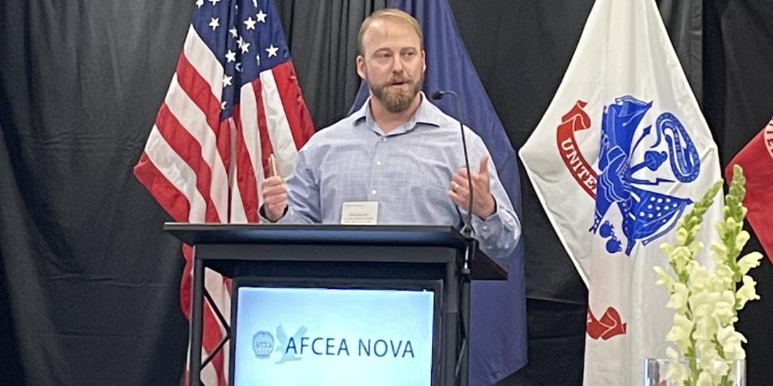 Dave Spencer, acting technical director of the U.S. Navy’s Program Executive Office, Manpower, Logistics and Business Solutions (PEO MLB), tells attendees at the monthly luncheon hosted by AFCEA’s Northern Virginia Chapter that it has done its due diligence in establishing a technical vision to help change how the Department of Navy does business. Courtesy Northern Virginia Chapter