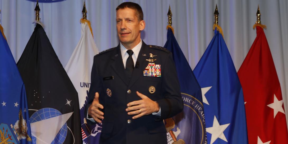 Lt. Gen. Robert Skinner, USAF, director, DISA, and commander JFHQ-DODIN, discusses the reorganization of DISA during the opening keynote of TechNet Cyber 2021 in Baltimore. Photo by Michael Carpenter