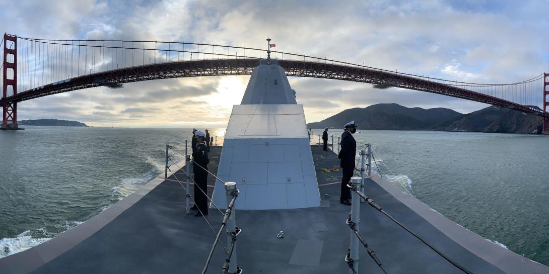 The USS Zumwalt, one of the Navy's most technologically advanced ships, transits the Golden Gate as it enters San Francisco Bay. The U.S. Navy is working with industry to speed new information technology capabilities into the service. Credit: U.S. Navy photo