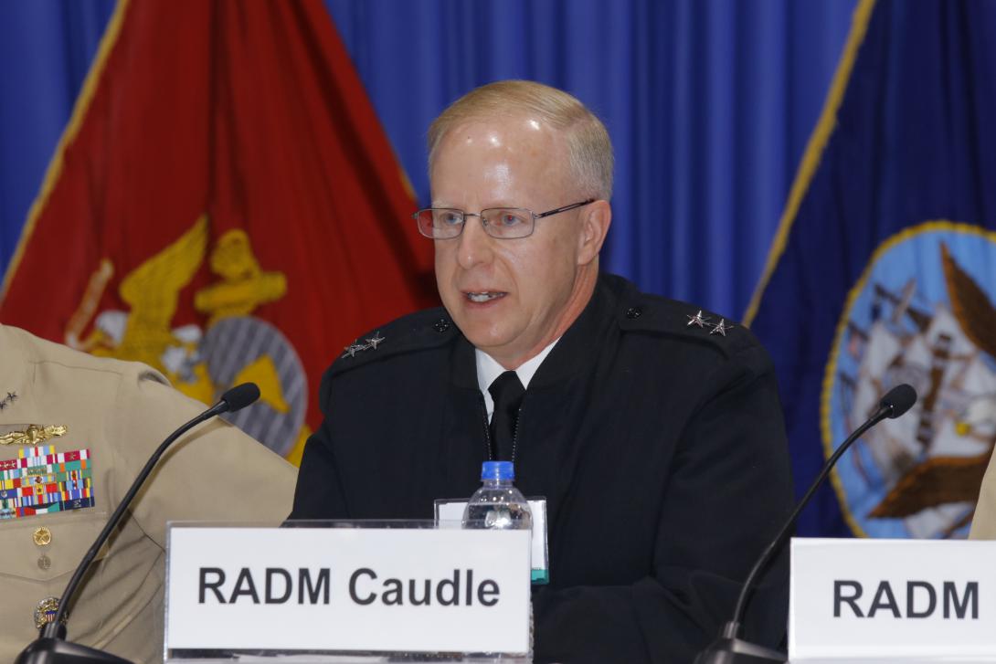 Rear Adm. Daryl Caudle, USN, commander, Submarine Forces, Pacific Fleet, speaks on a panel at West 2019. Photo by Michael Carpenter
