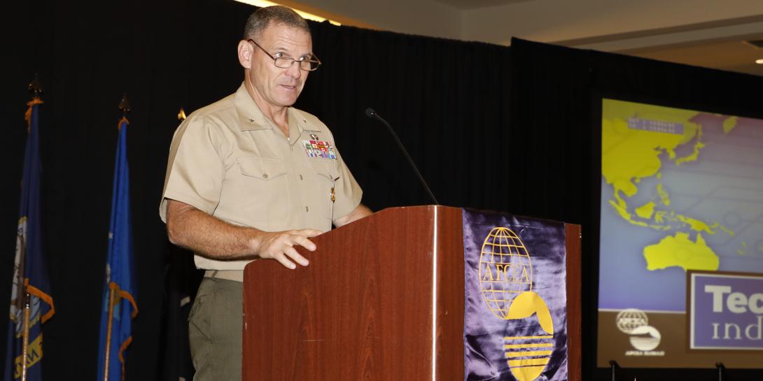 Brig. Gen. Joseph R. Clearfield, USMC, deputy commander, U.S. Marine Forces Pacific, gives the opening keynote on Day 2 of TechNet Indo-Pacific. Credit: Tony Grillo photo