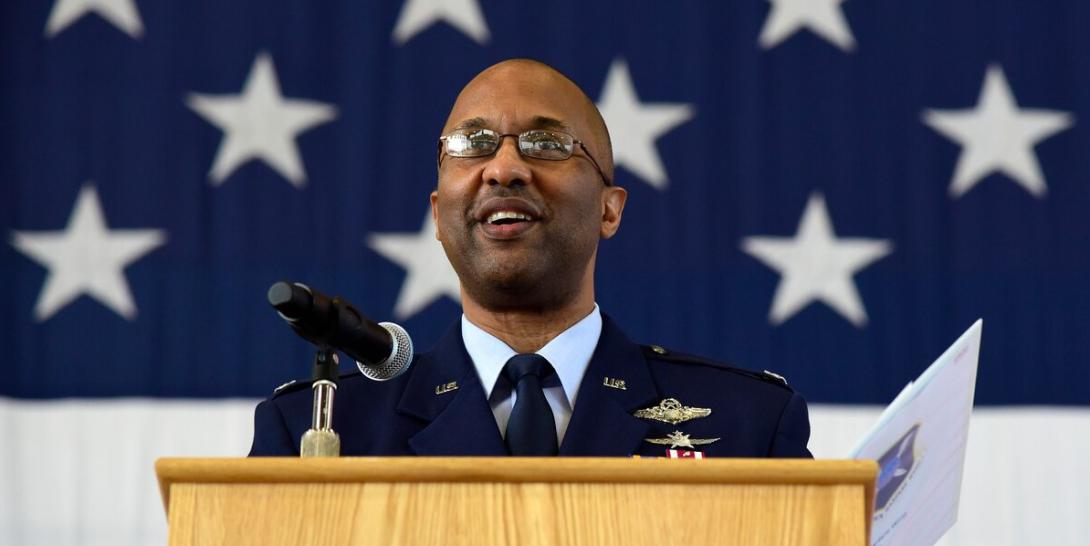 Col. William Young, USAF, commander of the 350th Spectrum Warfare Wing, speaking at the standup of the new wing in June at Eglin Air Force Base, Florida, says the wing’s application of the STITCHES technology will be critical to being able to dominate operations in the electromagnetic spectrum. Credit: Air Force photo by Lt. Karissa Rodriguez
