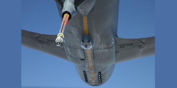 Air National Guard KC-135R equipped with a Large Aircraft Countermeasures System (center of the aircraft) performs an aerial refueling test. Lockheed Martin Corp., Marietta, Georgia, has been awarded an $11,023,298 contract modification for C-130J large aircraft infrared countermeasures Group A kits and jump platform storage assemblies. (Air Force photo by Chris Neill)