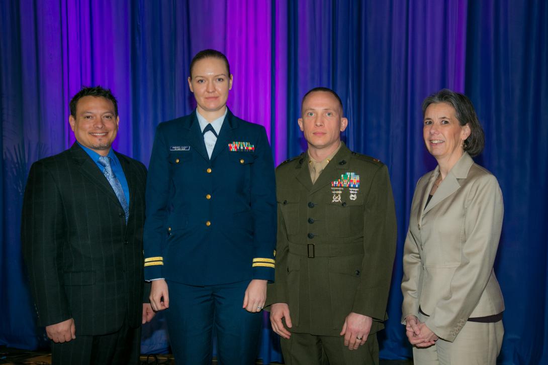 The 2016 Copernicus Award winners accepting at the Defensive Cyber Operations Symposium are (l-r) Martin J. Pfeifle, Headquarters U.S. Marine Corps; Lt. Kirsten M. Ambors-Casey, USCG, Coast Guard Base New Orleans; Maj. Nathan D. Faught, USMC, Marine Air-Ground Task Force; and Beth Heiner, Headquarters U.S. Marine Corps.