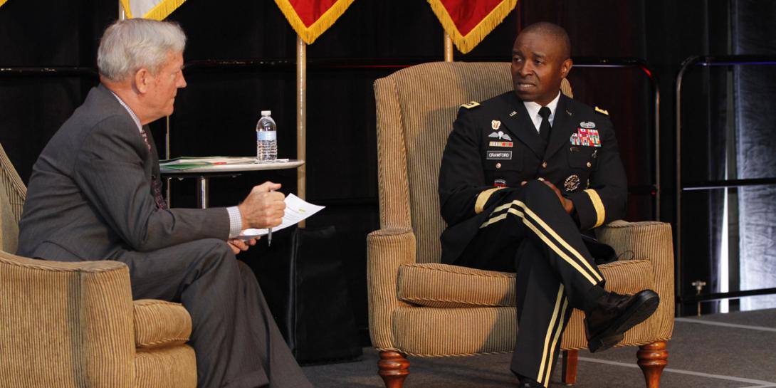 Lt. Gen. Bruce Crawford, USA, Army chief information officer, answers questions at the TechNet Augusta confrence. Photo by Michael Carpenter