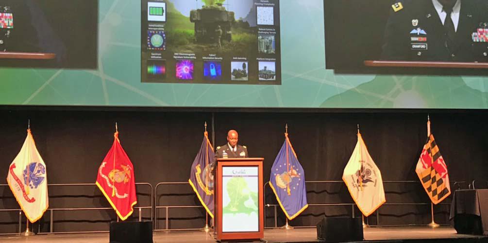 Lt. Gen. Bruce Crawford, USA, Army CIO/G-6, addresses the MILCOM 2017 audience in Baltimore.