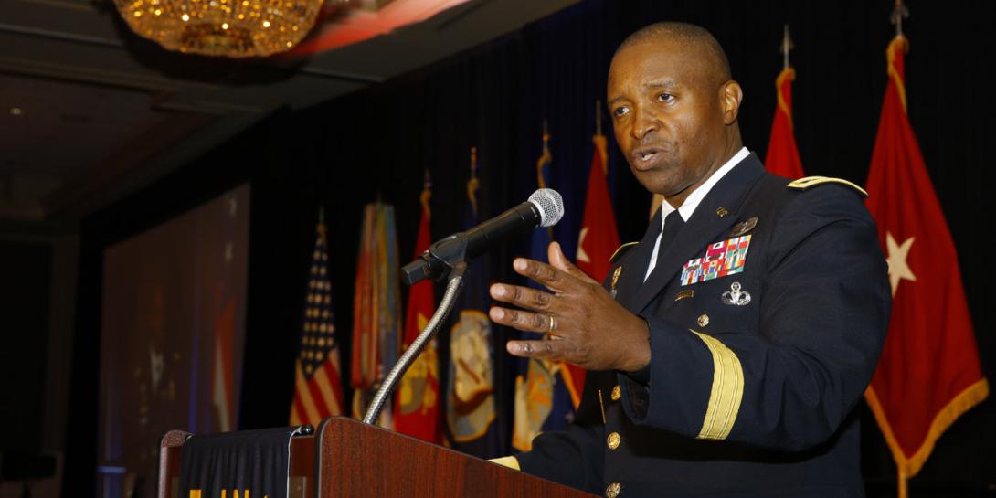 Lt. Gen. Bruce Crawford, USA, Army chief information officer, addresses the TechNet Augusta confrence. Photo by Michael Carpenter