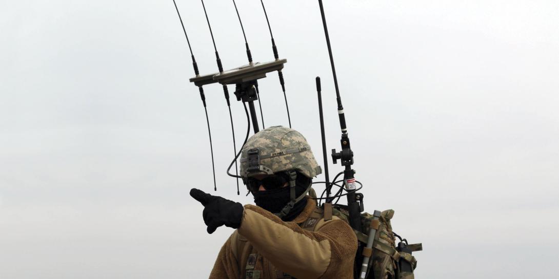 Staff Sgt. Kristoffer Perez, USA, Cyber Electromagnetic Activities section, 1st Armored Brigade Combat Team, 1st Infantry Division, carries a dismounted electronic warfare kit that allows him to work in concert with the rest of his section. To get inside an enemy’s OODA loop, commanders will need a way to see how electronic warfare is affecting the battlespace. Photo by Sgt. Michael C. Roach, 19th Public Affairs Detachment