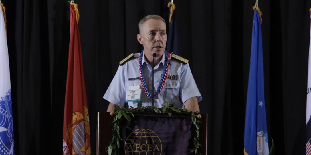Rear Adm. Kevin Lunday, USCG, commander, 14th Coast Guard District, describes the service's expanding mission in the Indo-Pacific region. Credit: Bob Goodwin Photography