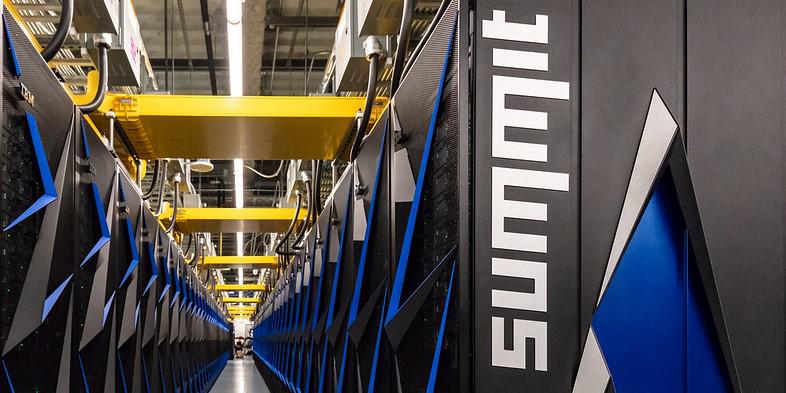 The Summit supercomputer at Oak Ridge National Laboratory is modeling the effects of drug molecules to stop the COVID-19 coronavirus. Credit: Carlos Jones/ORNL
