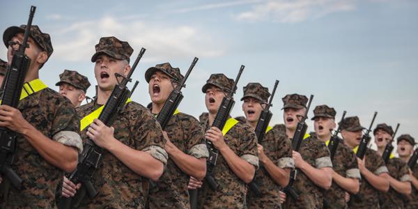 The U.S. Marine Corps is replacing some of its aging infrastructure at its recruiting centers to improve connectivity and support Internet of Things devices, making the recruiting process easier. Marine Corps recruits with the India Company, 3rd Recruit Training Battalion, prepare for initial drill evaluations on Parris Island, South Carolina, last fall. Credit: U.S. Marine Corps photo by Sgt. Dana Beesley.