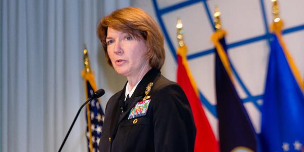 Vice Adm. Nancy Norton, USN, director, DISA, gives the luncheon keynote at the Defensive Cyber Operations Symposium in May. Photo credit: Michael Carpenter