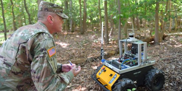 Roboticists at the Army Research Lab are pulling together components for robots to be able to take verbal instruction from soldiers and then complete a series of complex tasks. Here, the robot acts as a forward observer, detects a possible enemy position and relays the information to the soldier, who plans their next move.  CCDC ARL