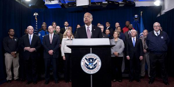 Homeland Security Secretary Jeh Johnson, joined by leadership and employees from the DHS, calls on Congress on Monday to fully fund the department.