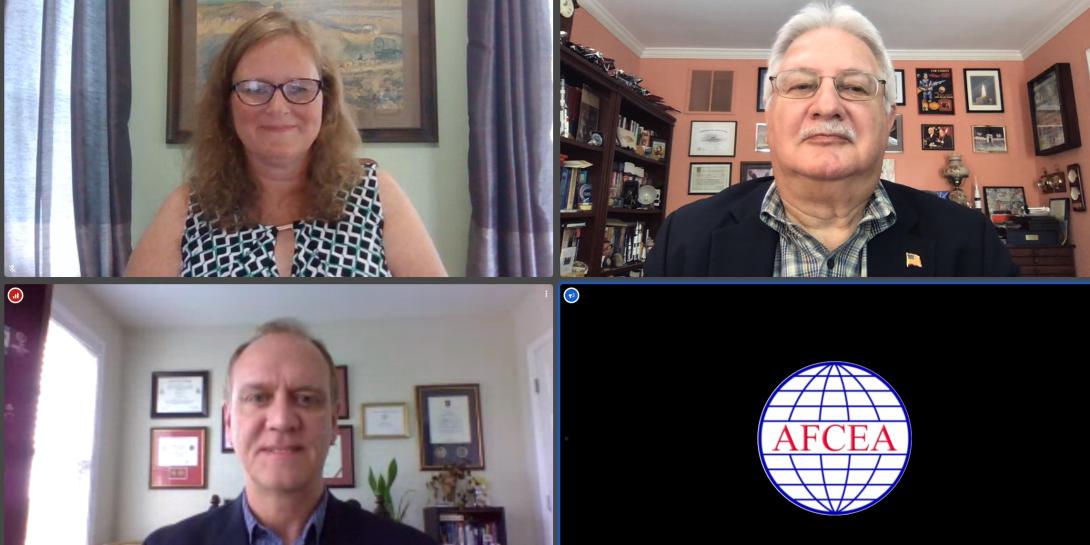 DISA contracting officials Carlen Capenos, director, Office of Small Business Programs (top right) and Douglas Packard, Procurement Services executive (bottom right) speak with SIGNAL Magazine editor Robert K. Ackerman during a September 2 webinar. The officials advised companies submitting proposals to take the time to understand DISA's role in the military, how it supports warfighters and how the agency purchases goods and services. Credit: DISA