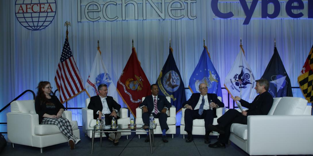 DISA officials discuss the agency’s priorities during a panel discussion at AFCEA’s TechNet Cyber 2022. Photo by Michael Carpenter