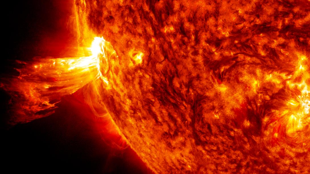 On June 20, 2013, NASA's Solar Dynamics Observatory spacecraft captured this coronal mass ejection, a solar phenomenon that can send billions of tons of particles into space that can reach Earth in days. Credit NASA.