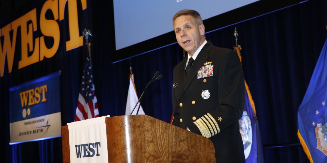 Adm. Philip S. Davidson, USN, commander, U.S. Indo-Pacific Command, warns of Chinese aggression in his Tuesday keynote luncheon address at WEST 2020. Photo by Michael Carpenter