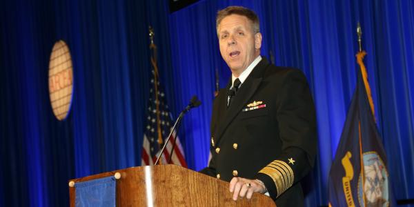 Adm. Philip Davidson, USN, commander of U.S. Fleet Forces Command, warns that the Navy is taking a risk by pushing modernization efforts to the back burner in favor of forward deployed fleet readiness. Photo by Mike Carpenter