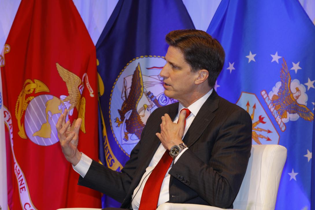 Dana Deasy, Defense Department chief information officer, speaks during a fireside chat at TechNet Cyber. Photo by Michael Carpenter