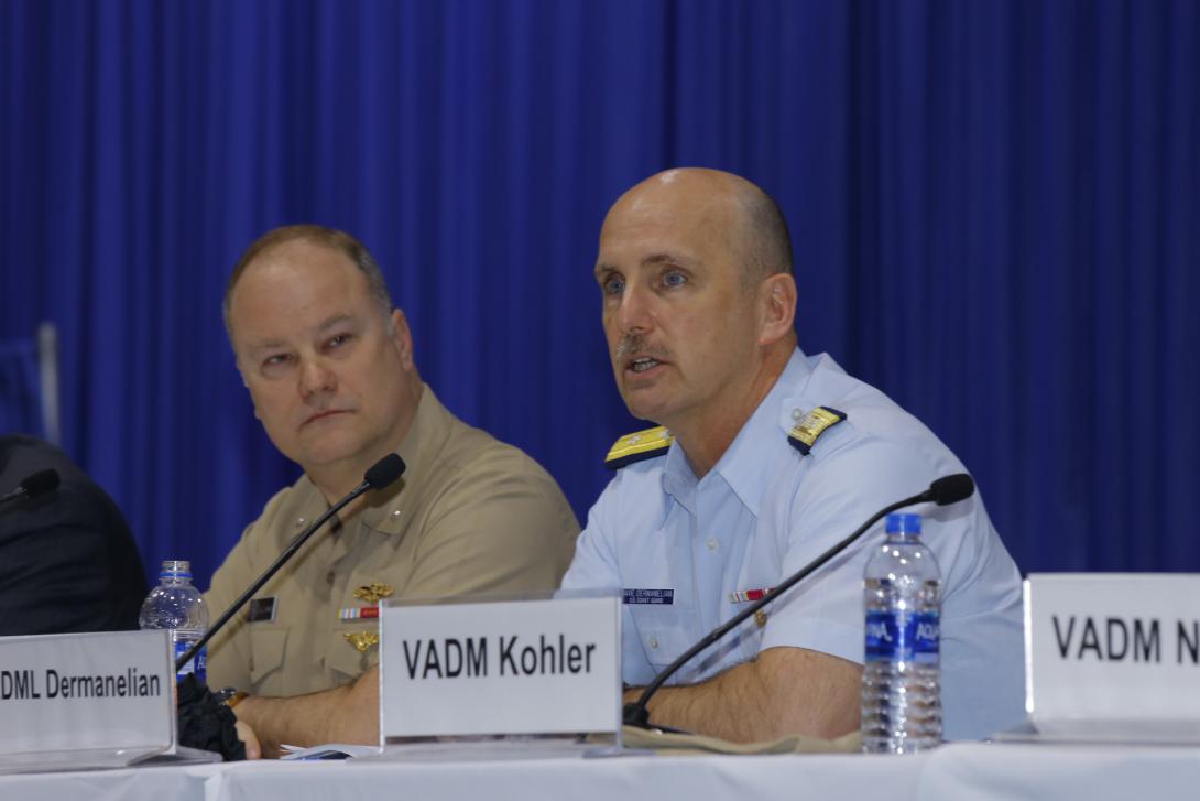 Rear Adm. David Dermanelian, USCG, assistant commandant, Command, Control, Communications, Computers and Information Technology, and commander, U.S. Coast Guard Cyber Command, discusses cooperation in the cyber realm as part of a panel at West 2019. Photo by Michael Carpenter