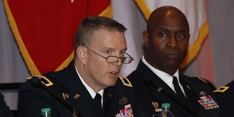 Brig. Gen. Christopher Eubank, USA, commandant, Army Signal School, speaks on a panel at AFCEA TechNet Augusta. Photo by Michael Carpenter