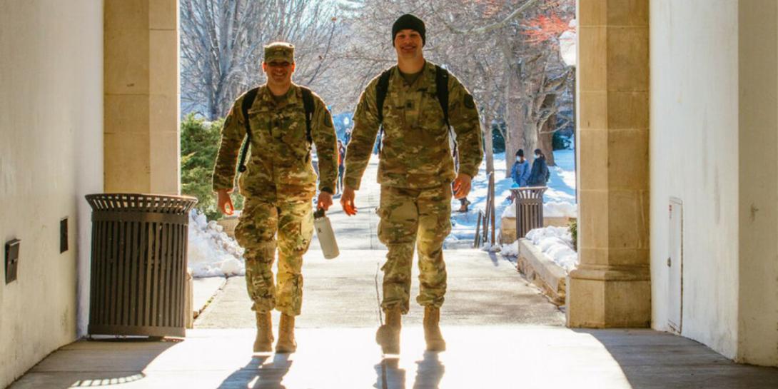 Military students at Virginia Tech walk through the campus in January 2022. Guided by the Army Research Laboratory, researchers at the school are finding new ways to apply machine learning to improve radar tracking. Virginia Tech