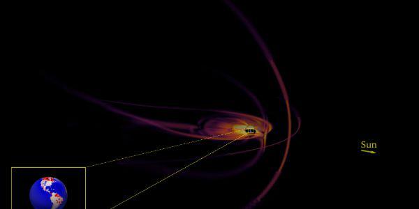 This schematic shows the size of the Earth’s magnetosphere. When a CME from the sun hits the magnetosphere, it compresses. This results in fluctuating magnetic fields near the Earth’s surface, which in turn generate electrical fields that can damage large power grid components.  LANL