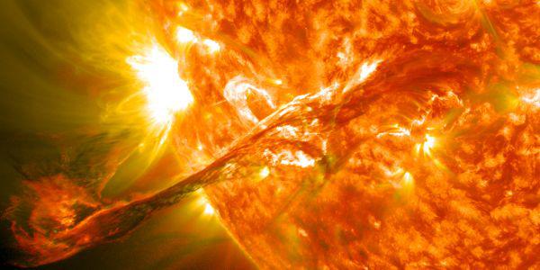 This coronal mass ejection many times the size of Earth erupted from the sun in 2012. Scientists at Los Alamos National Laboratory are working to prevent events such as this, which missed the Earth by only a few days, from inflicting serious and lasting damage on the power grid.  NASA