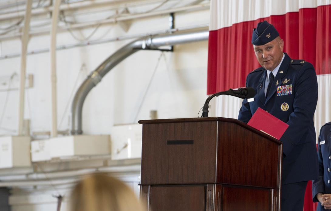 U.S. Space Force Col. Marc Brock, commander, Space Delta 2, speaks at Peterson Air Force Base, Colorado, in June 2021 during the ceremony in which he took command. The name changes of two of its legacy squadrons are meant to emphasize the importance of the delta’s expanded missions of space surveillance and awareness, he says.  U.S. Space Force photo by Senior Airman Andrew Bertain