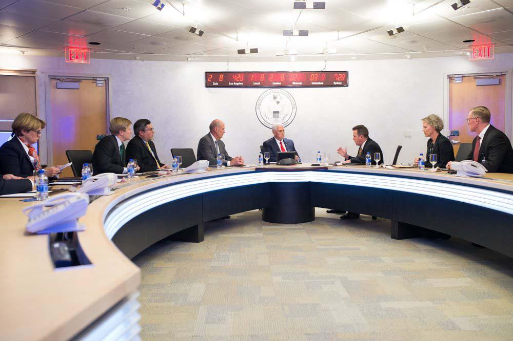 Mulligan and Director of National Intelligence Daniel Coats discuss with Vice President Mike Pence evolving terrorism threats to America during Pence’s visit to the NCTC in September.