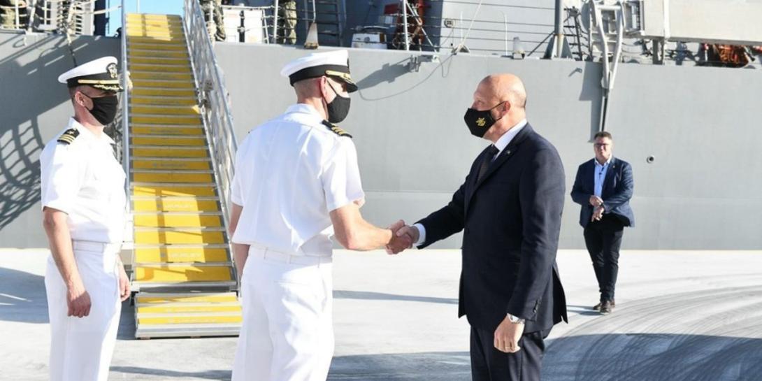Australian Incumbent Minister for Defense Peter Duttonmeets with Cmdr. Adam Soukup, USN, commanding officer of the Arleigh Burke-class guided-missile destroyer USS Sampson (DDG 102) in Brisbane, Australia in February. The USS Sampson is on a scheduled deployment in the U.S. 7th Fleet area of operations to enhance interoperability with Australian, as well as with other partners, while serving as a ready-response force in support of a free and open Indo-Pacific region. U.S. Navy photo by Lt. j. g. Alisa Sandl