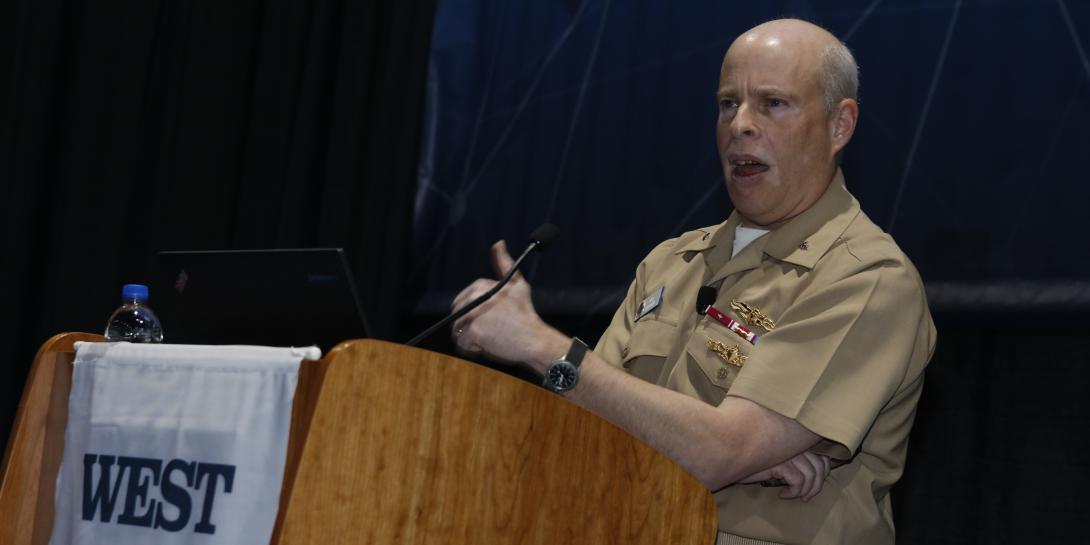 Rear Adm. Kurt Rothenhaus, USN, program executive officer (PEO) C4I, speaks at WEST 2022. Photo by Michael Carpenter