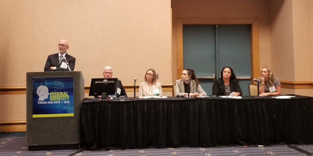 (l-r) Monte Hawkins, director of the National Vetting Center, Charles Bartoldus, former official and now senior advisor to CT-Strategies, ODNI Identity Intelligence Executive Kathleen Lane, DHS CIO official Emily Barbero, NVC Chief of Staff Casie Antalis and NVC Technical Director Lori Vislocky speak at AFCEA International's Federal identity Forum and Expo in Tampa, Florida. Credit: Shaun Waterman