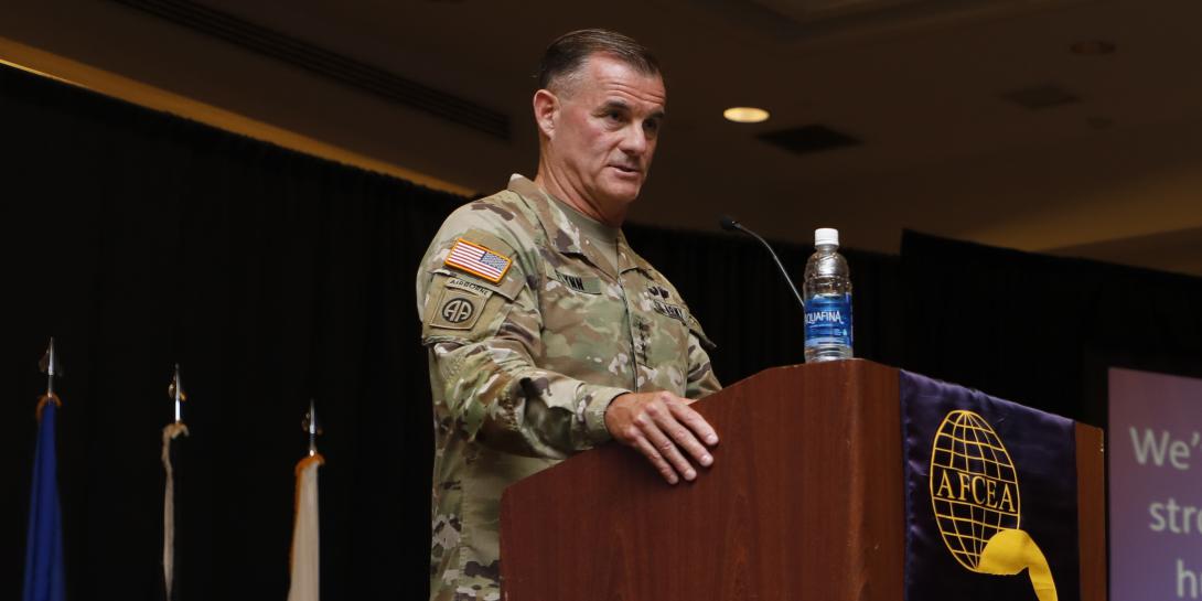 Gen. Charles A. Flynn, USA, commanding general of U.S. Army Pacific, describes Army challenges in the vast region at TechNet Indo-Pacific. Credit: Tony Grillo photo