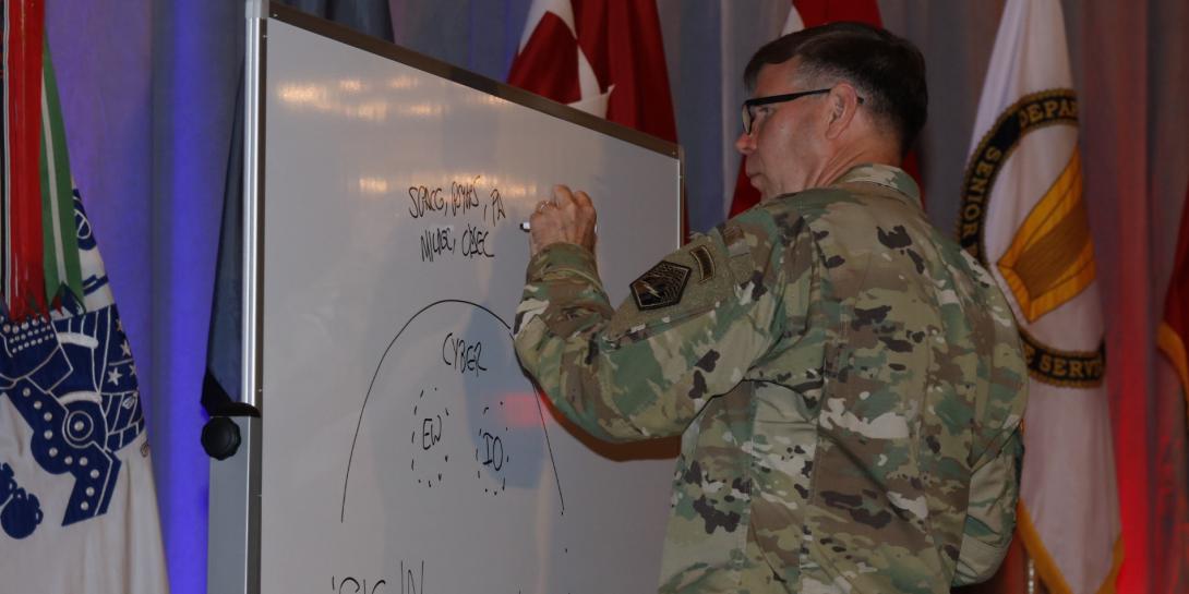 Lt. Gen. Stephen Fogarty, USA, commanding general, U.S. Army Cyber Command, sketches a graphic to detail his talk during AFCEA TechNet Augusta. Photo by Michael Carpenter