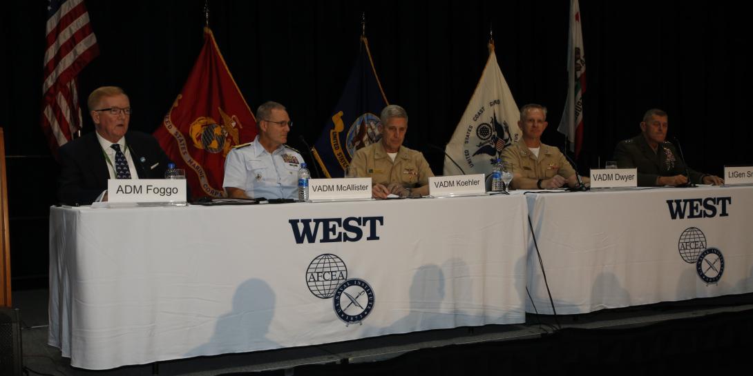 Commanders from the three sea services describe their requirements in a panel discussion at WEST 2022. Photo by Michael Carpenter