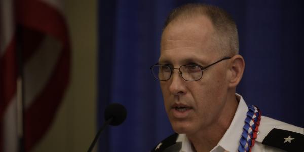 Brig. Gen. Paul Fredenburgh III, USA, J-6, Indo-Pacific Command, leads a panel discussion on combined cyber operations in the Indo-Pacific region. Credit: Bob Goodwin Photography