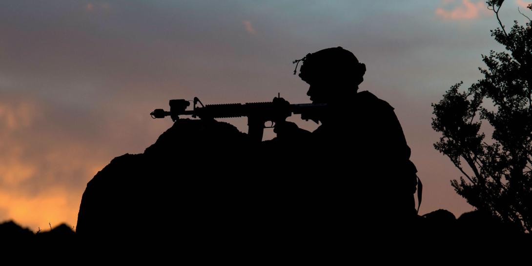 A soldier reacts to a mock opposition forces attack during training at Fort Irwin, California, in June. Cybersecurity projects within the Office of the Chief Information Officer/G-6 will improve cybersecurity for tactical systems. Credit: Air National Guard Master Sgt. Joshua Allmaras​