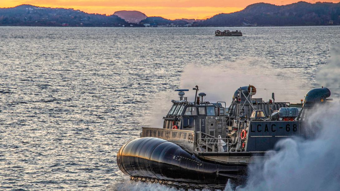A Navy air-cushioned landing craft conducts ship-to-shore operations with the USS Iwo Jima in the Norwegian Sea, Oct. 29, 2018, as part of Trident Juncture, a NATO training exercise. Photo by Navy Chief Petty Officer David Holmes