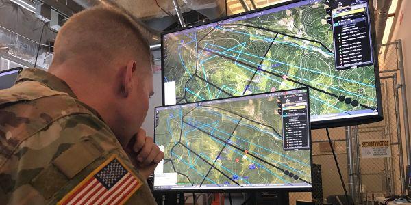 Sgt. Keila Peters, USA, tests the Tactical Computing Environment software at Aberdeen Proving Ground, Maryland. The Rapid Integration and Development Environment developed at the Institute for Creative Technologies plays a role in developing the Army’s One World Terrain and the Tactical Computing Environment.  Dan Lafontaine, C5ISR Center Public Affairs