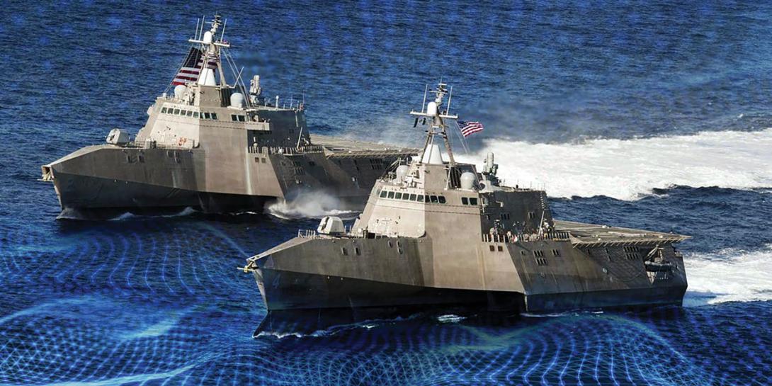 The littoral combat ships USS Independence, back, and USS Coronado travel together in the Pacific Ocean. One of the Defense Department’s primary cybersecurity concerns is that adversaries can hack into industry networks and steal secrets about developing weapon systems. U.S. Navy photo by Chief Mass Communication Specialist Keith DeVinney/Released​