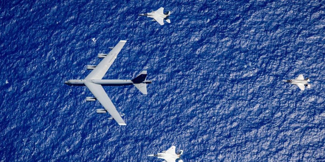 U.S. and Japanese military aircraft participating in Cope North 2021 fly near Anderson Air Force Base, Guam. The annual exercise serves as a keystone event to enhance U.S. relations with regional allies and partners and promote security and stability throughout the Indo-Pacific region. Air Force Senior Airman Duncan C. Bevan