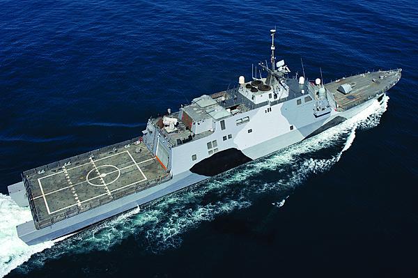 The littoral combat ship USS Freedom conducts sea trials off the coast of Southern California. Depending on the mission package, the littoral combat ship will host an array of unmanned vehicles.