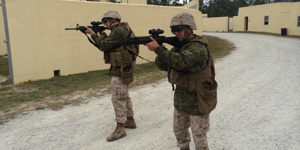 Marines at Camp Pendleton, California, test the new augmented reality glasses prototype in an urban combat training scenario.